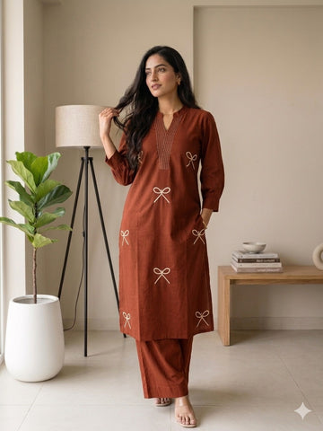 Premium Cotton Bow Embroidery Kurta Pant Set for Women