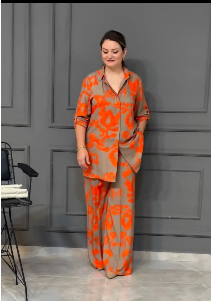 Women’s Orange Printed Co-Ord Set with Wide Leg Pants