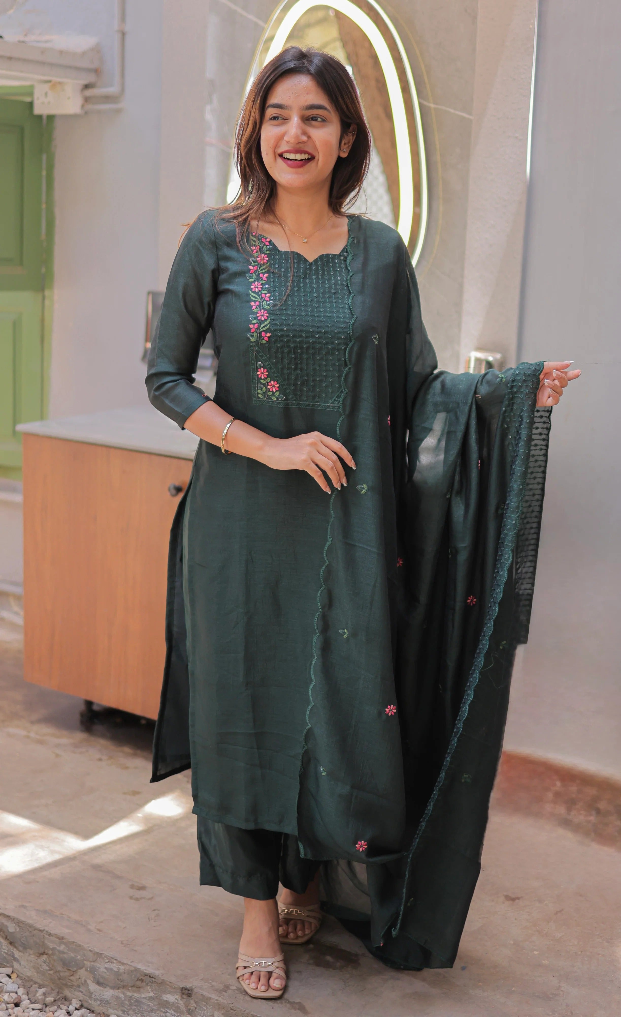 Premium Bottle Green Party Wear Kurti with Dupatta