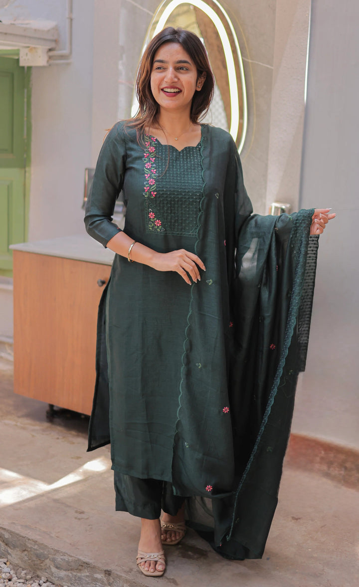 Premium Bottle Green Party Wear Kurti with Dupatta