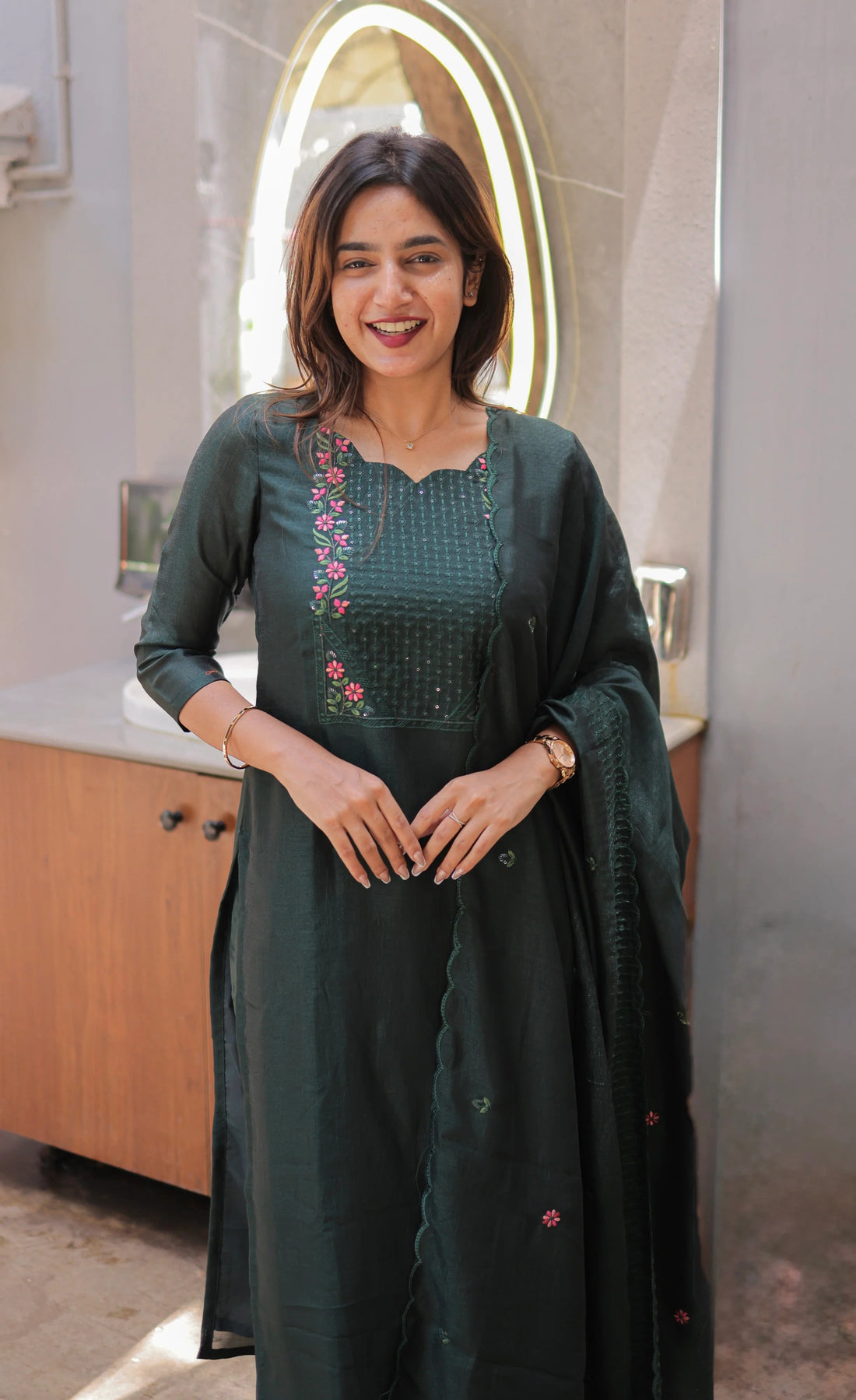 Premium Bottle Green Party Wear Kurti with Dupatta