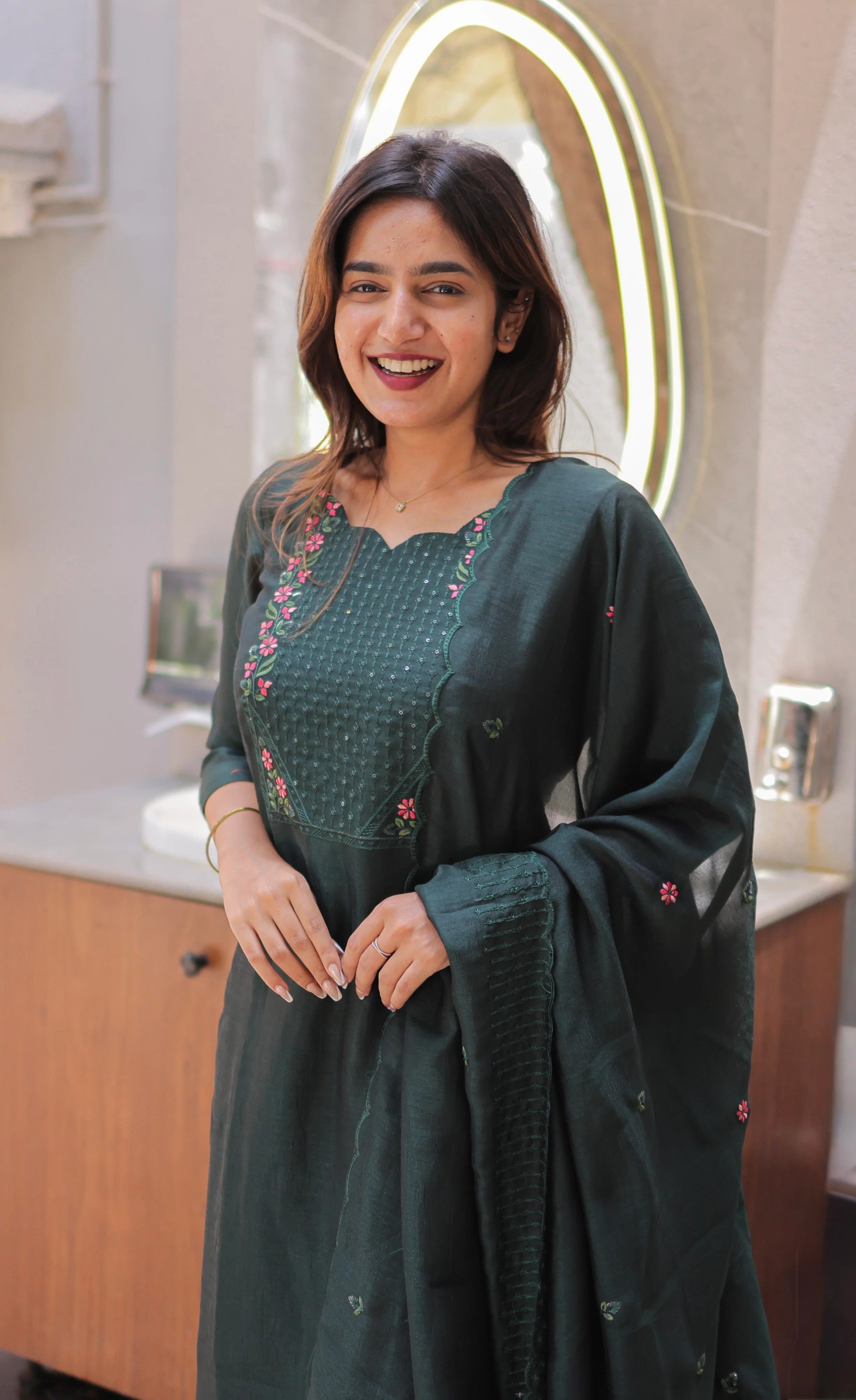 Premium Bottle Green Party Wear Kurti with Dupatta