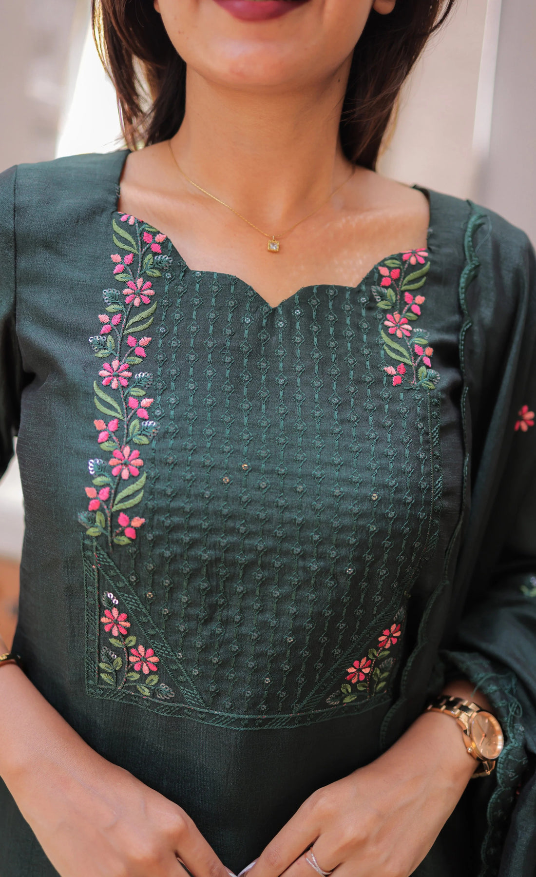 Premium Bottle Green Party Wear Kurti with Dupatta