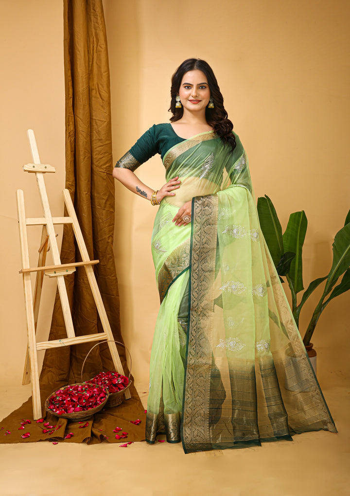 Kanchipuram Organza Jacquard Sequins Saree – Pastel Green Elegance