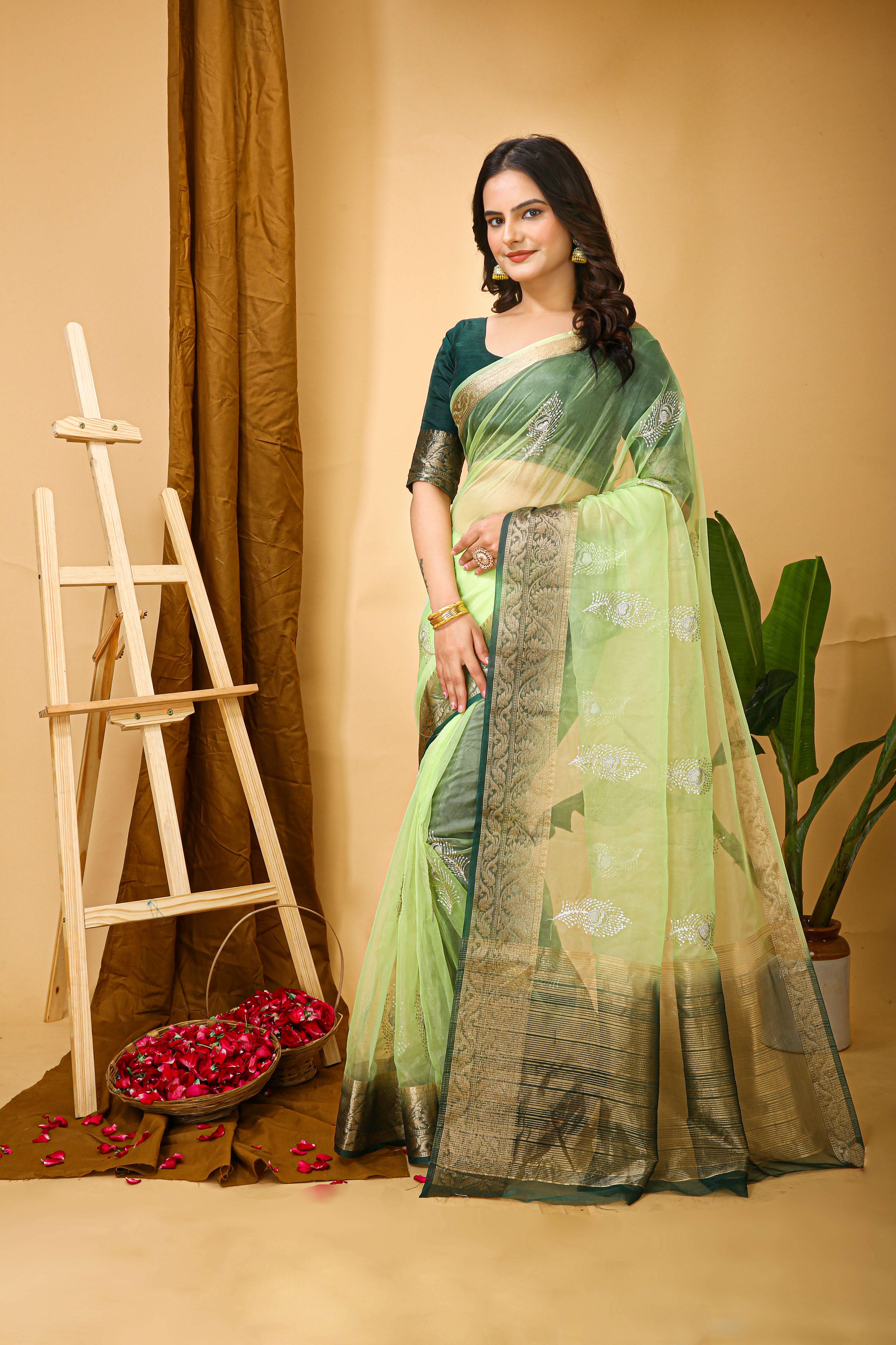 Kanchipuram Organza Jacquard Sequins Saree – Pastel Green Elegance