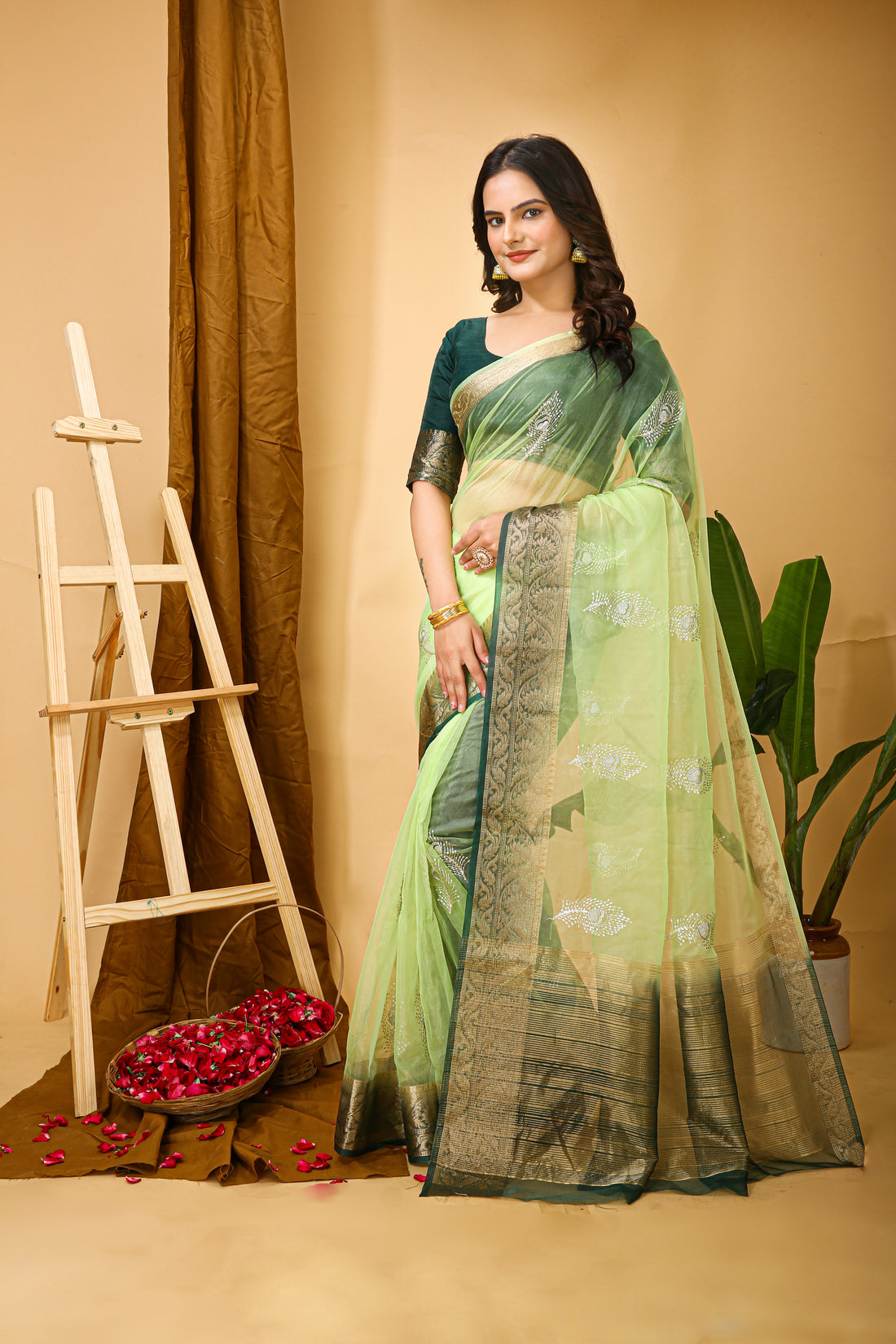 Kanchipuram Organza Jacquard Sequins Saree – Pastel Green Elegance