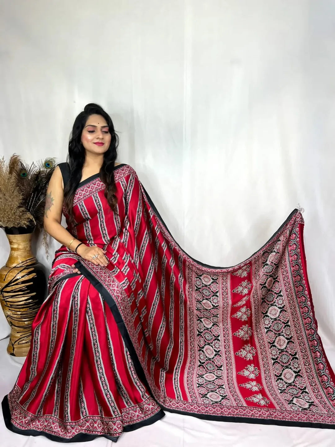 Red Ajrakh Digital Printed Saree – Traditional Ethnic Wear by Vastras