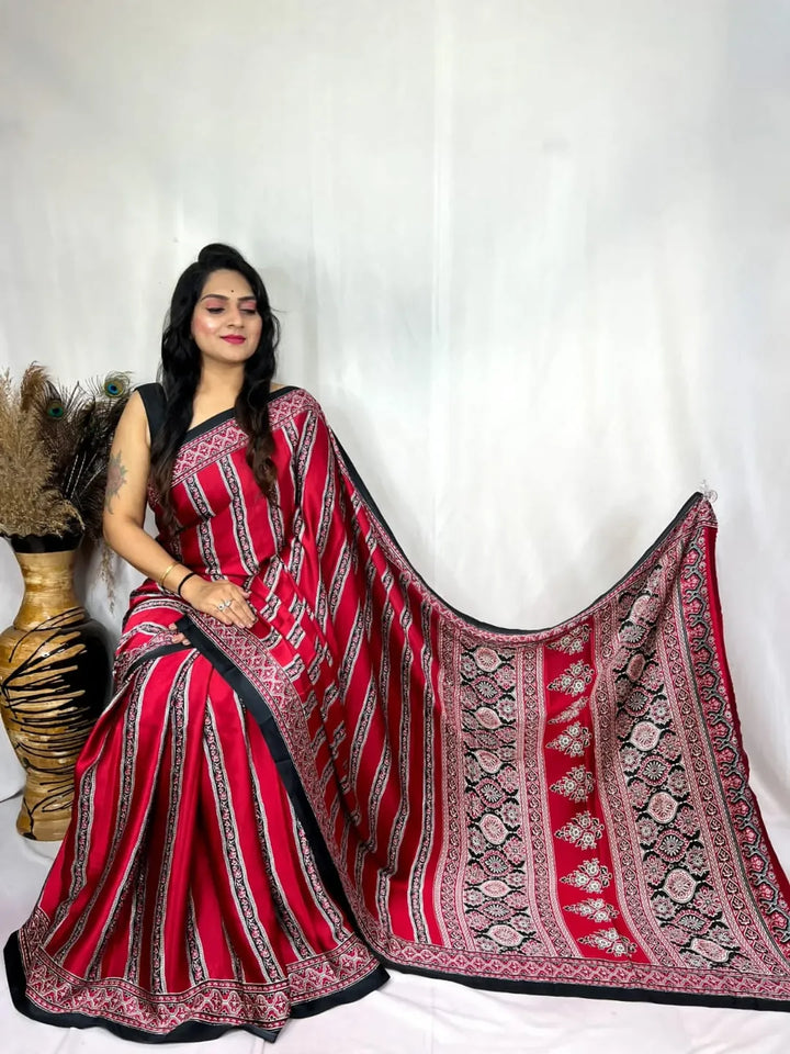 Red Ajrakh Digital Printed Saree – Traditional Ethnic Wear by Vastras