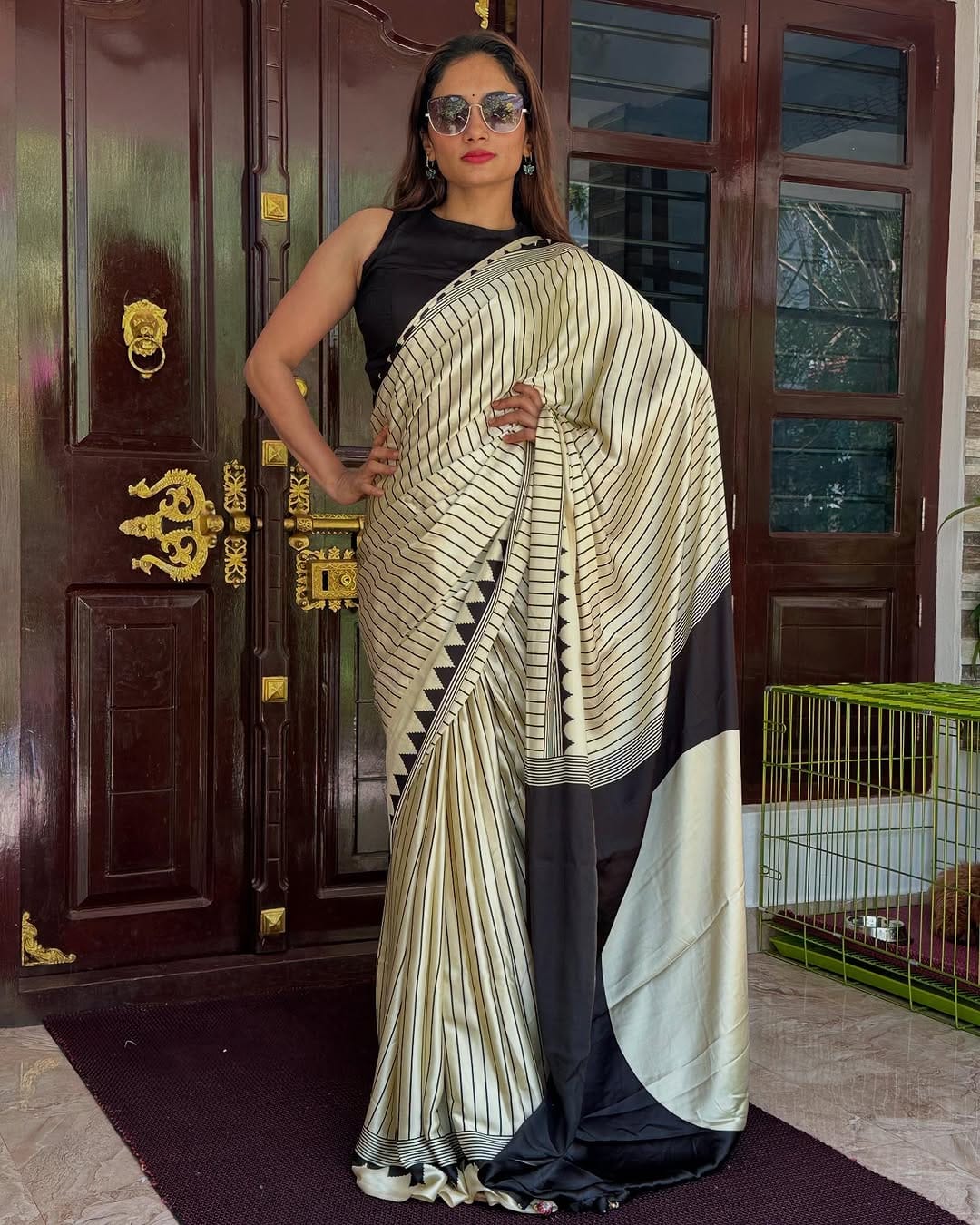 Black & Cream Striped Designer Saree – Premium Soft Silk Saree for Women