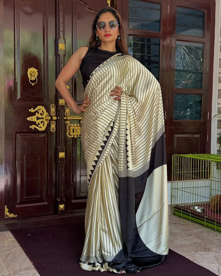Black & Cream Striped Designer Saree – Premium Soft Silk Saree for Women