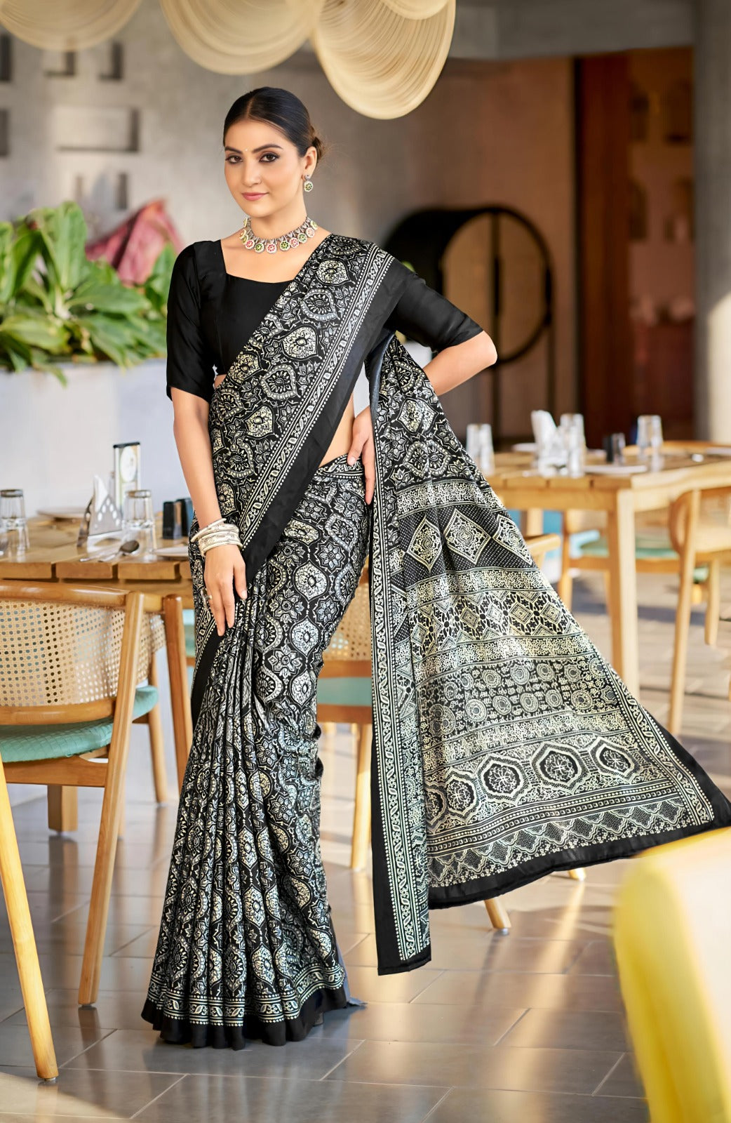 Classic Black Ajrakh Digital Print Saree with Designer Border