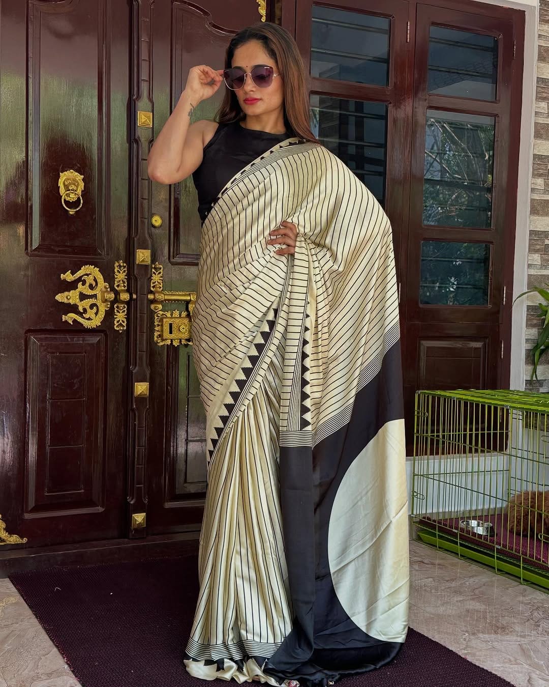 Black & Cream Striped Designer Saree – Premium Soft Silk Saree for Women