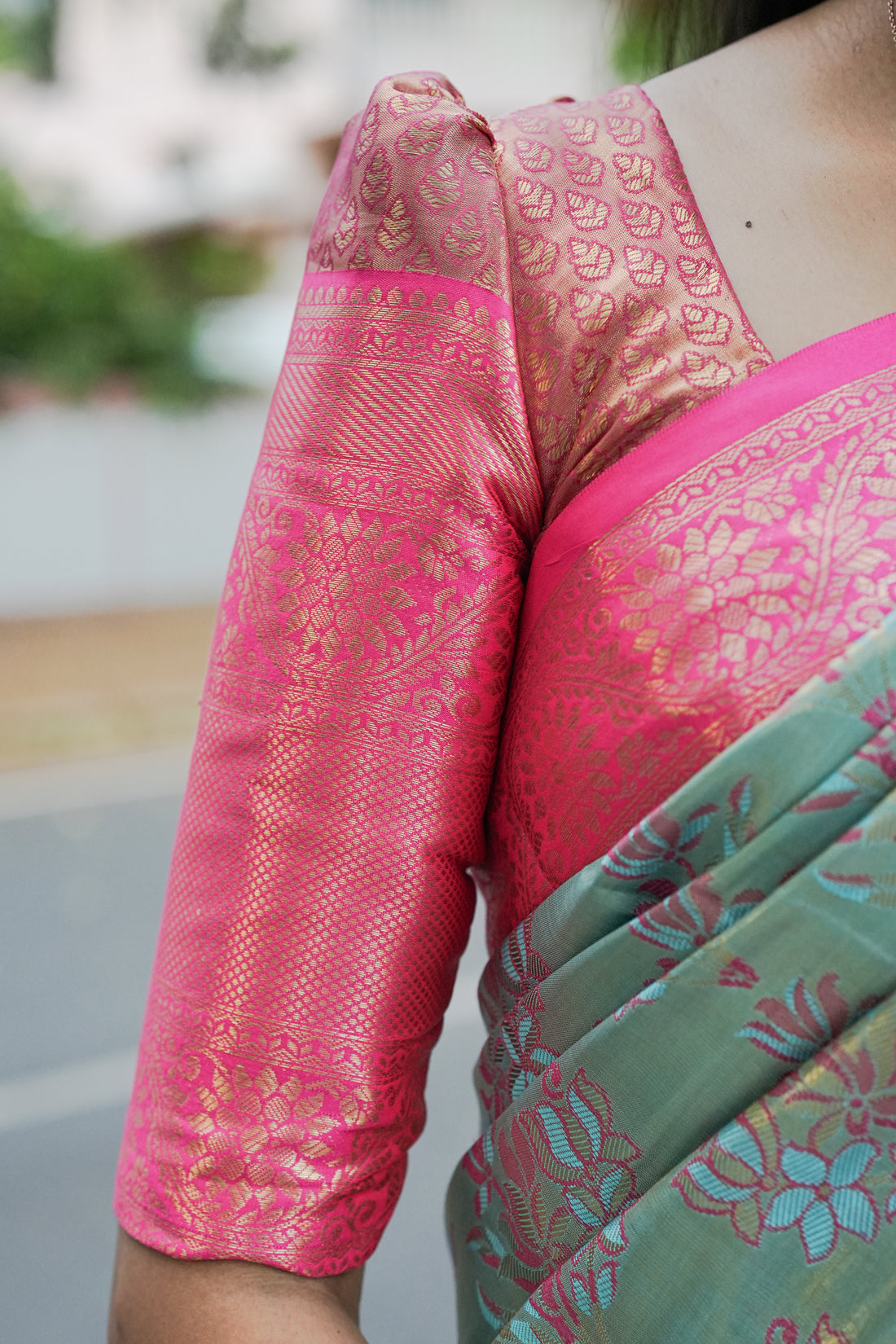 Elegant Soft Silk Saree – Green Body & Rani Pink Pallu