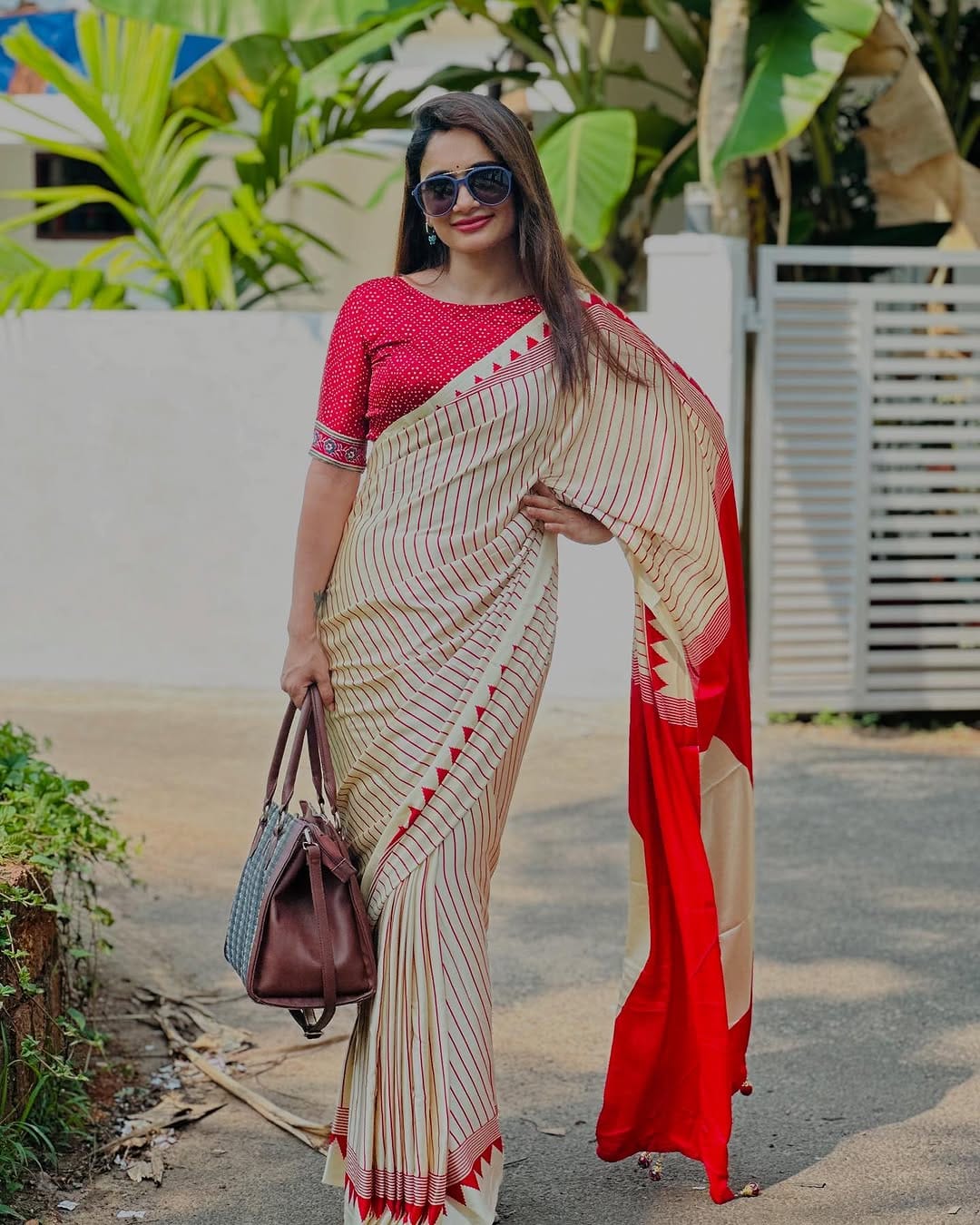 Crimson Elegance Geometric Saree