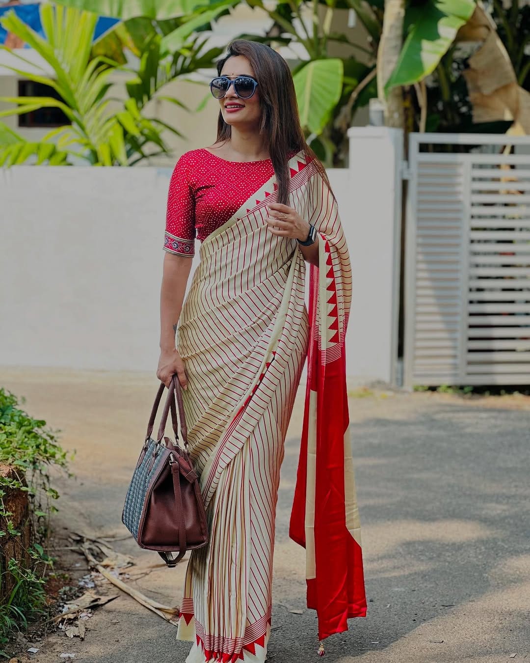 Crimson Elegance Geometric Saree