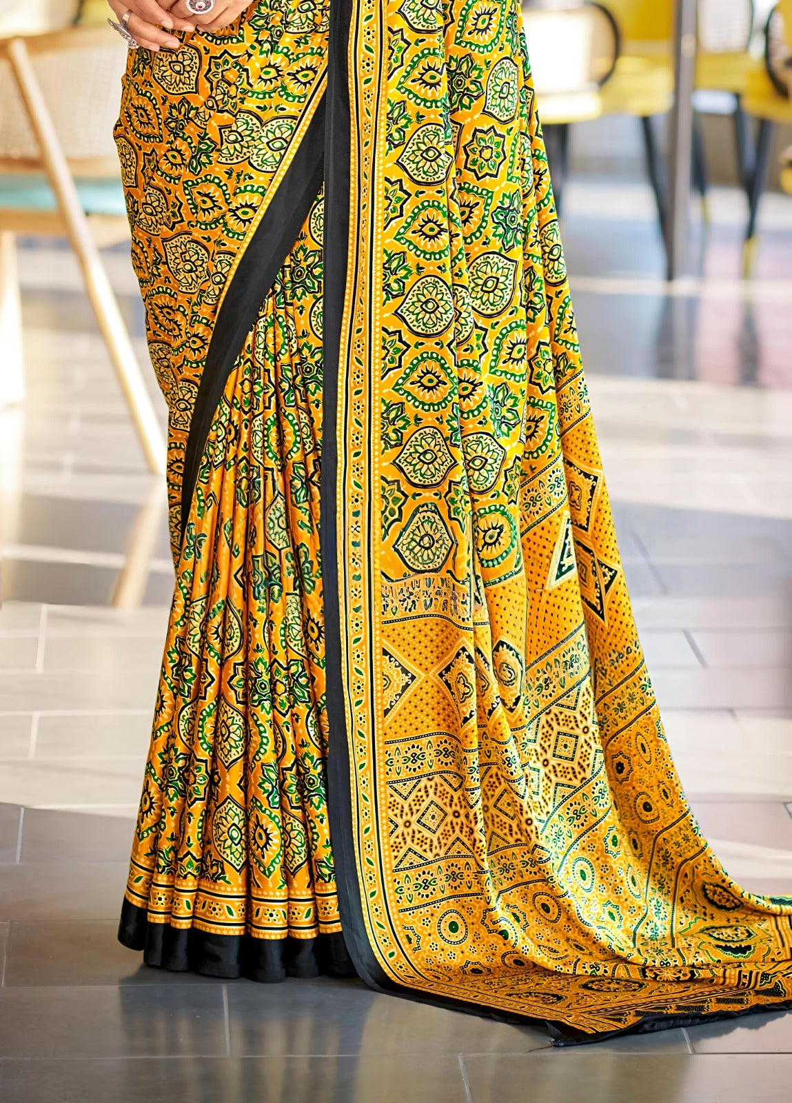 Yellow Bandhani Print Saree with Black Border – Traditional Festive Wear
