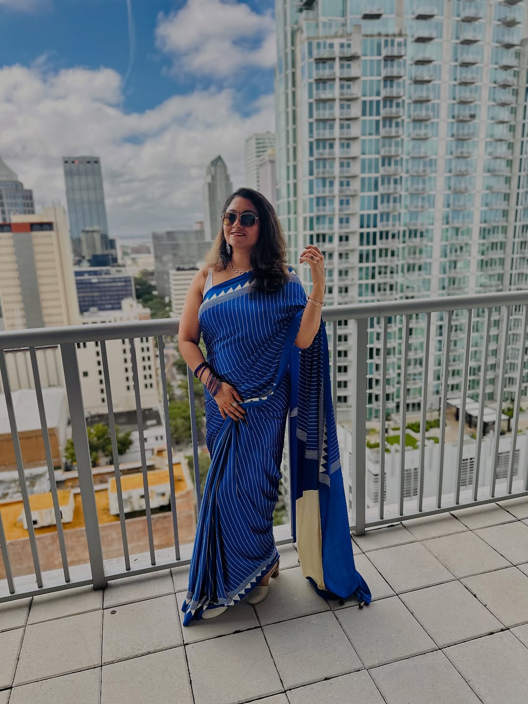 Royal Blue Striped Saree with Geometric Border – Elegant Ethnic Wear