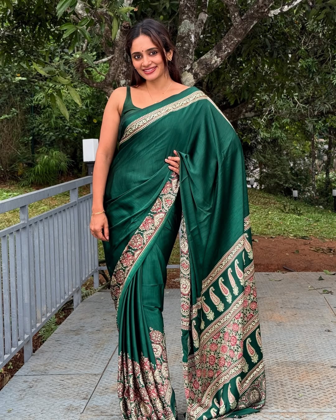 Green Ajrakh Digital Print Saree – Elegant Soft Silk Designer Wear