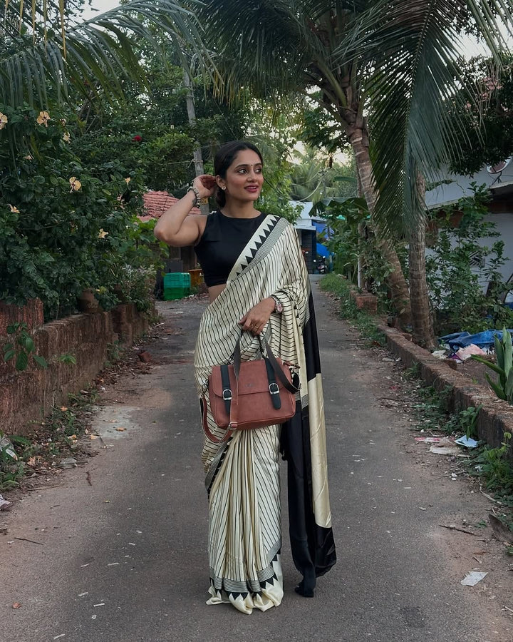 Black & Cream Striped Designer Saree – Premium Soft Silk Saree for Women