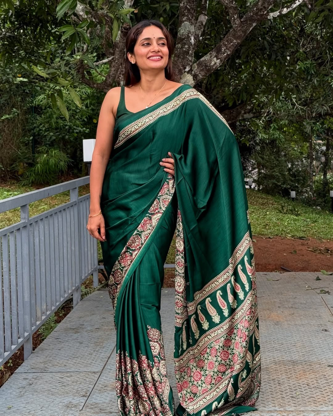Green Ajrakh Digital Print Saree – Elegant Soft Silk Designer Wear