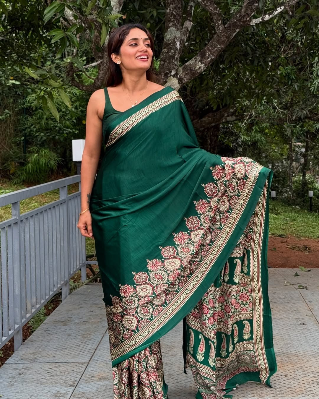 Green Ajrakh Digital Print Saree – Elegant Soft Silk Designer Wear