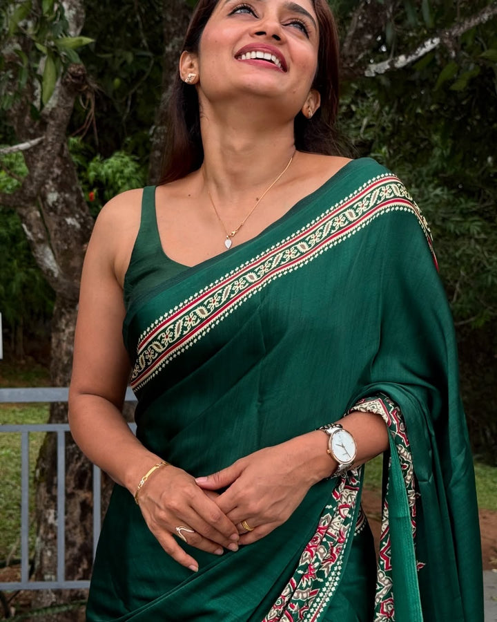 Green Ajrakh Digital Print Saree – Elegant Soft Silk Designer Wear