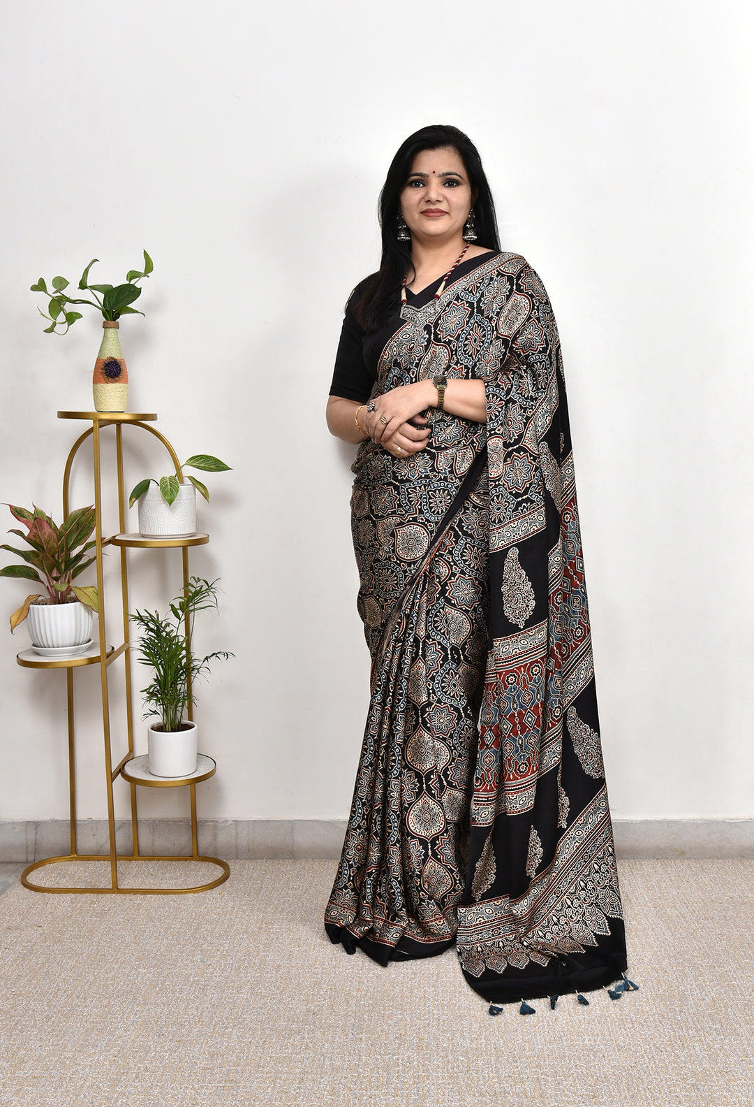 Premium Black Soft Silk Saree with Ajrakh Motifs & Designer Border