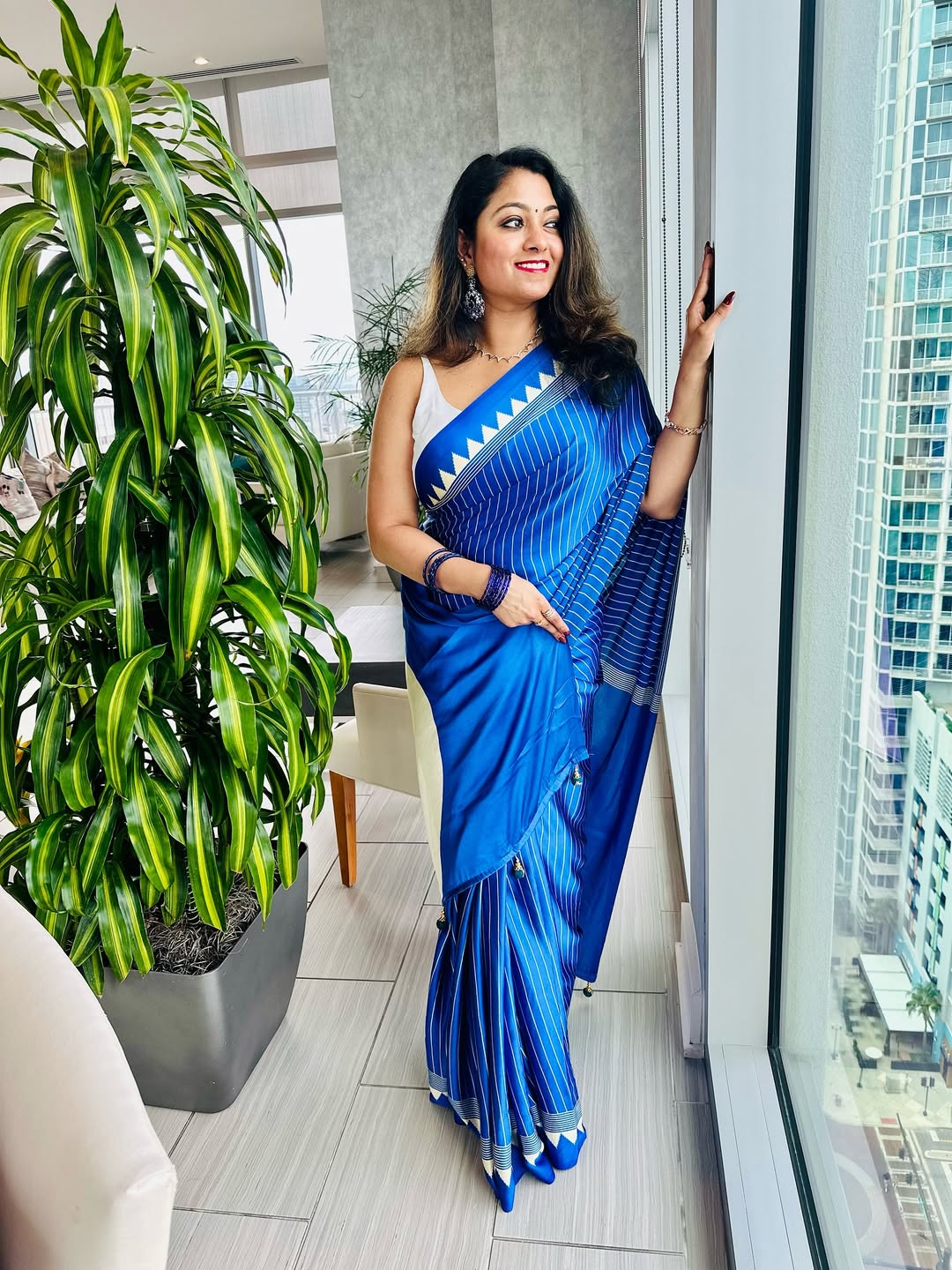 Royal Blue Striped Saree with Geometric Border – Elegant Ethnic Wear