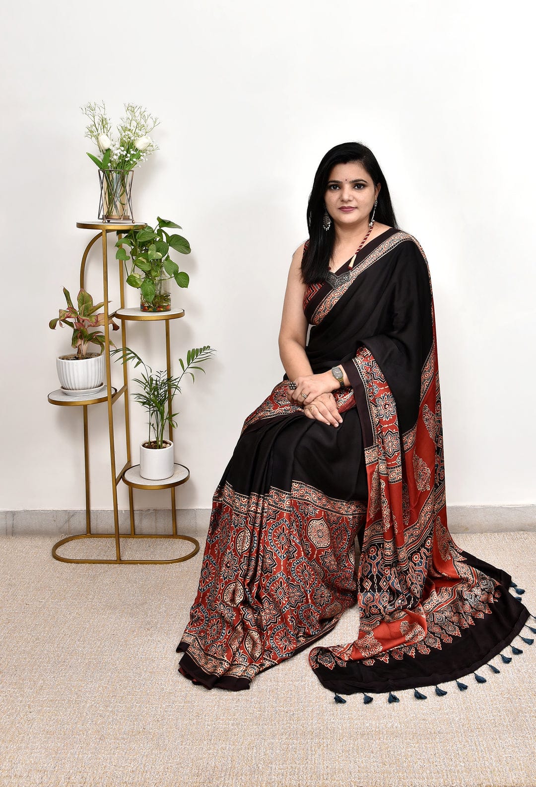 Black Ajrakh Digital Printed Soft Silk Saree with Rich Red Pallu
