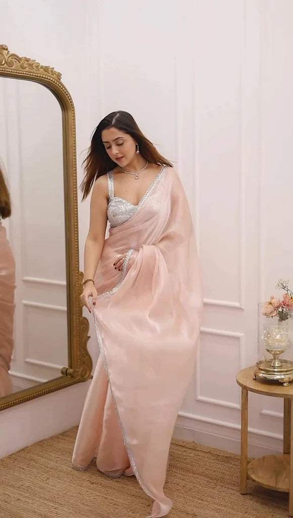 Pastel Peach Organza Saree with Silver Lace Border