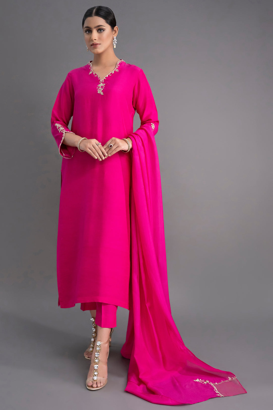 Royal Hot Pink Embroidered Kurti Dupatta Set for Women