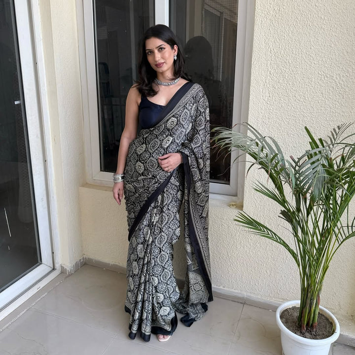 Classic Black Ajrakh Digital Print Saree with Designer Border