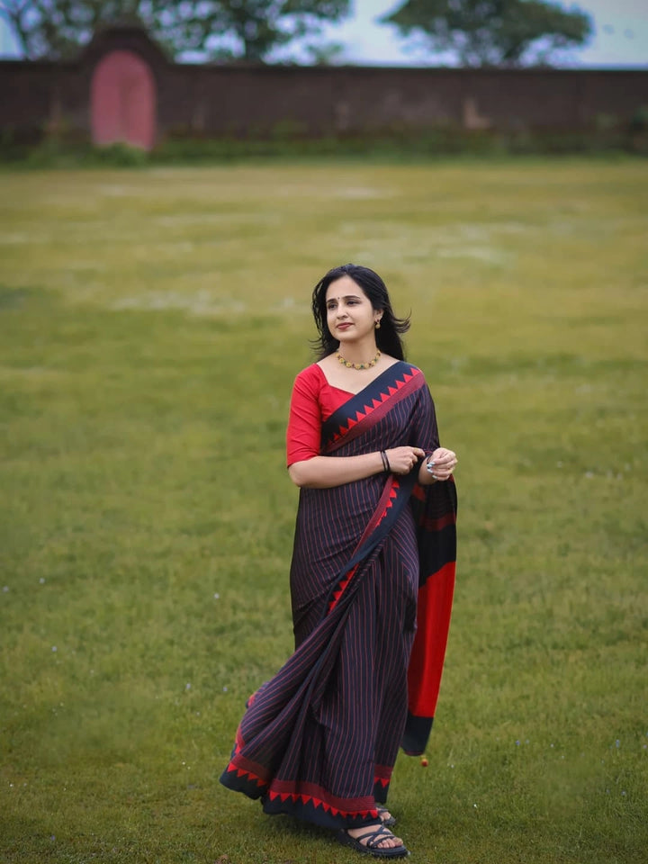 Black Red Striped Saree with Zigzag Border – Elegant Daily Wear
