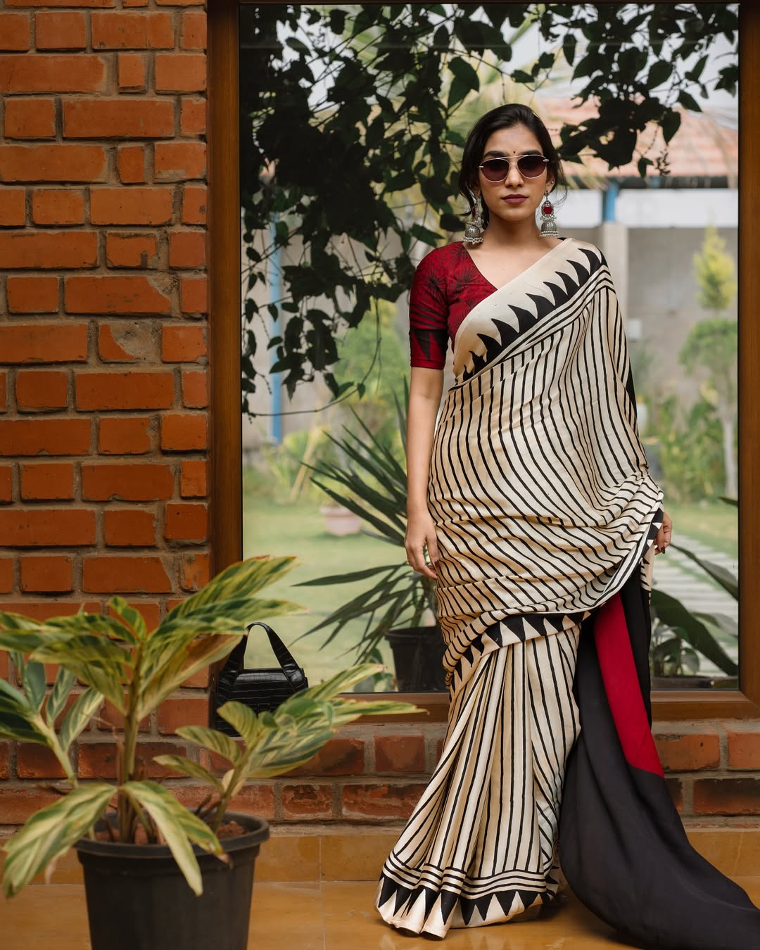 Elegant Cream & Black Stripe Saree with Red Designer Pallu – Premium Soft Silk