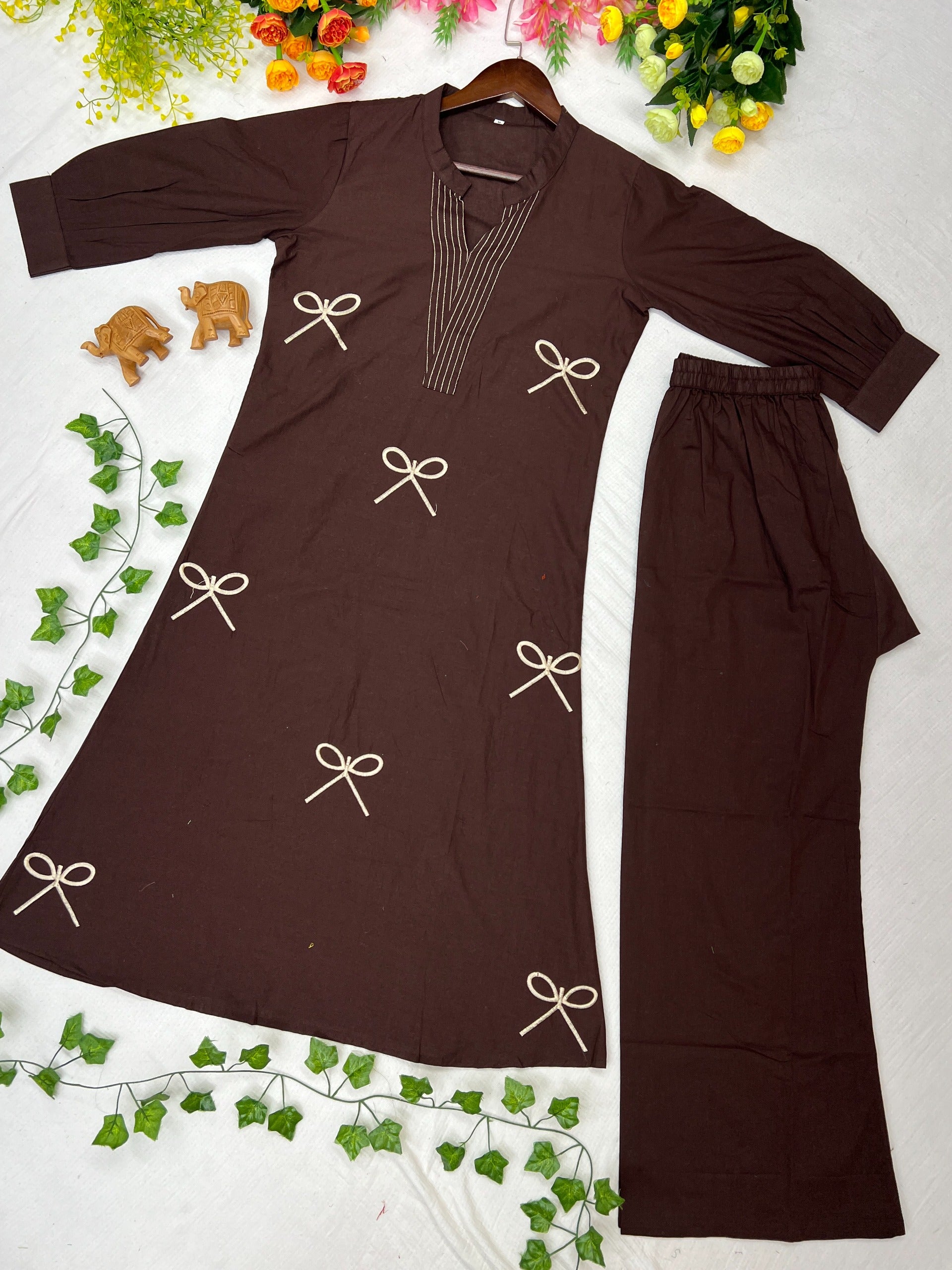Premium Cotton Bow Embroidery Kurta Pant Set for Women