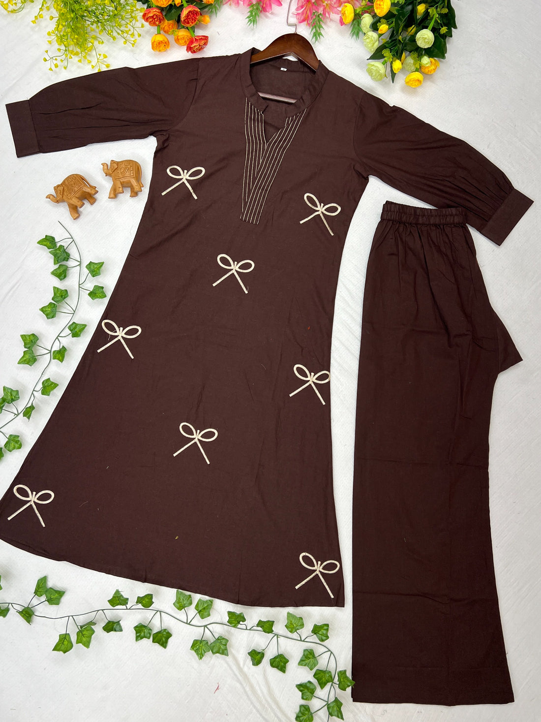 Premium Cotton Bow Embroidery Kurta Pant Set for Women