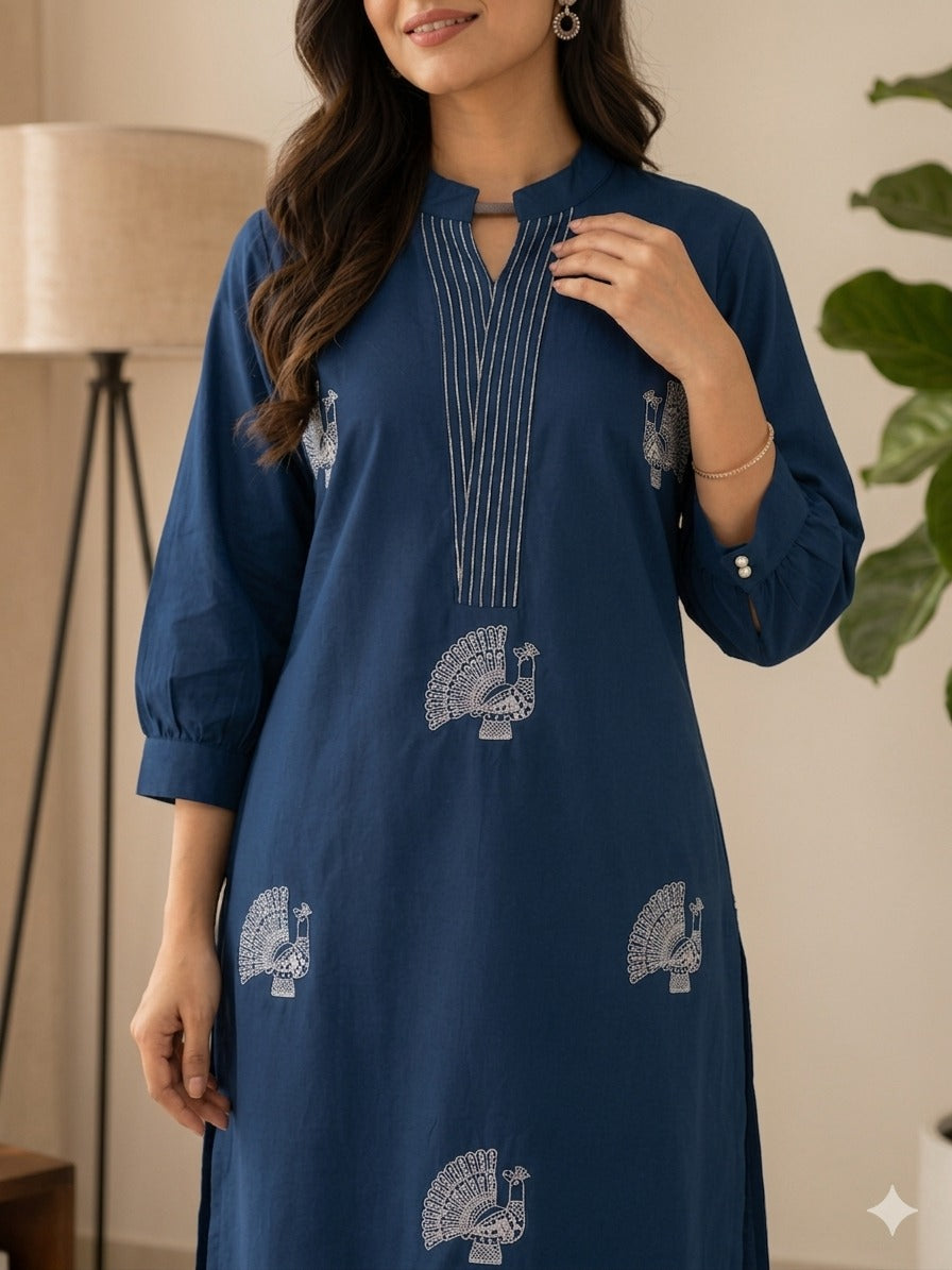 Premium Cotton Peacock Embroidery Kurta Pant Set for Women