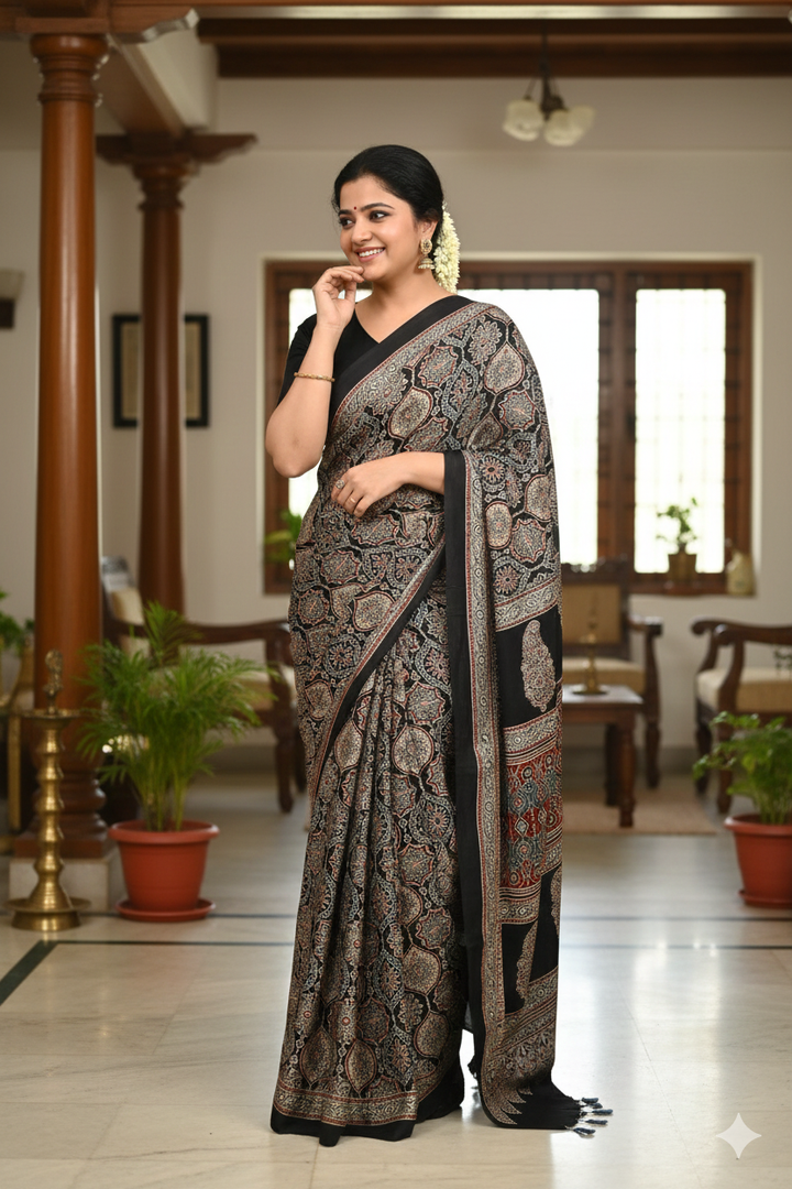Premium Black Soft Silk Saree with Ajrakh Motifs & Designer Border
