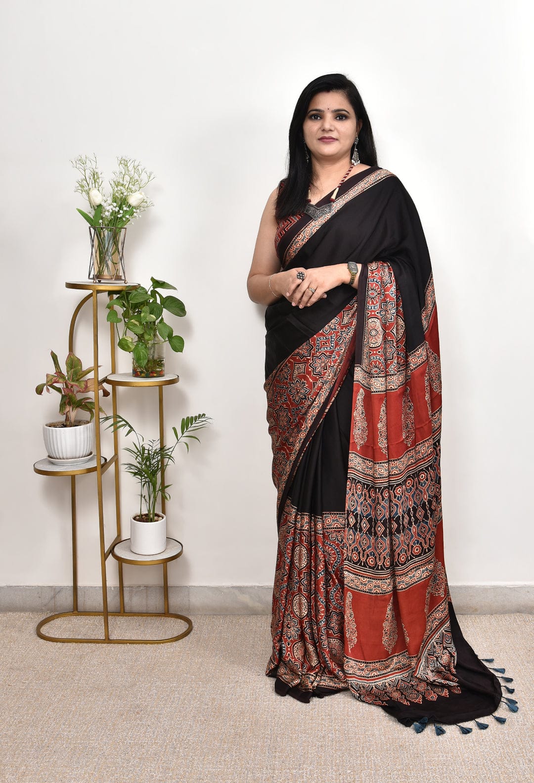 Black Ajrakh Digital Printed Soft Silk Saree with Rich Red Pallu