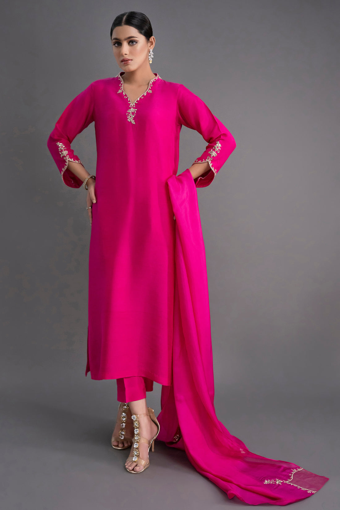 Royal Hot Pink Embroidered Kurti Dupatta Set for Women