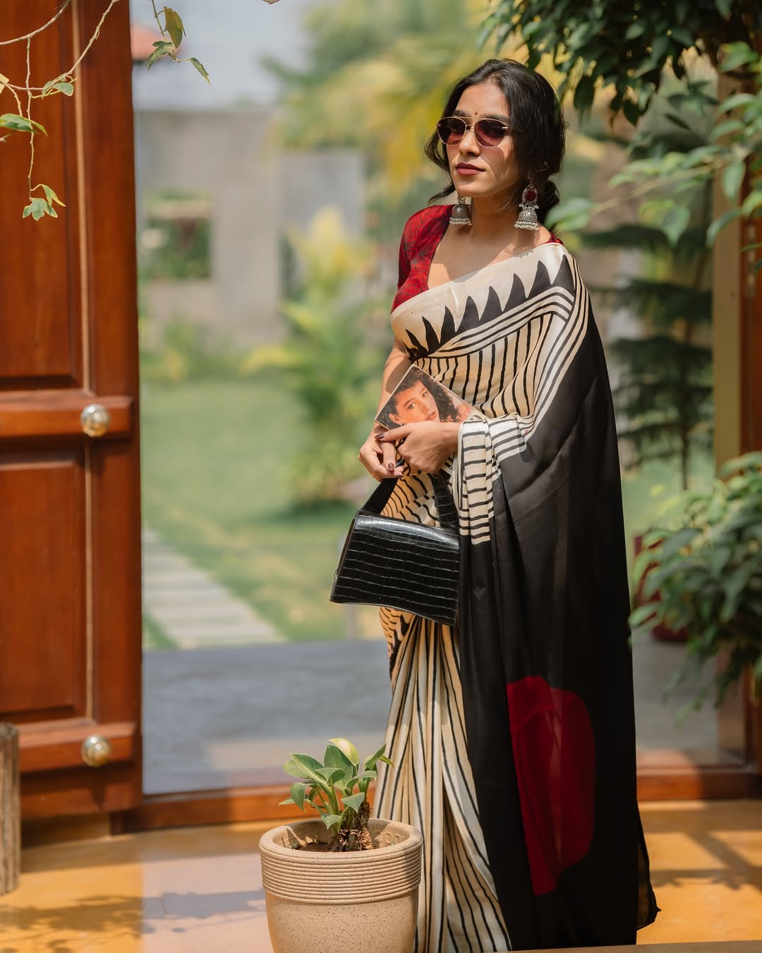 Elegant Cream & Black Stripe Saree with Red Designer Pallu – Premium Soft Silk
