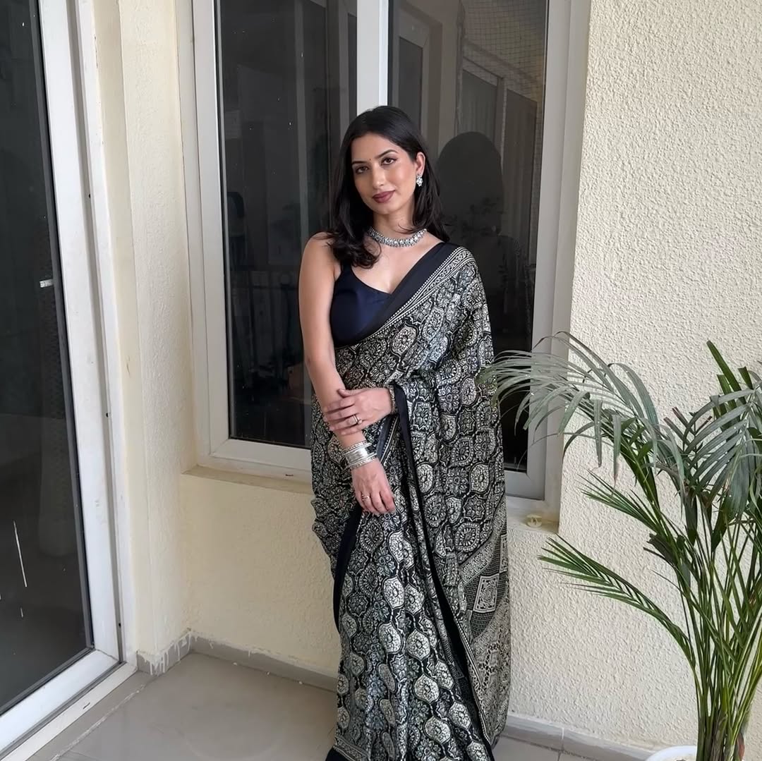 Classic Black Ajrakh Digital Print Saree with Designer Border