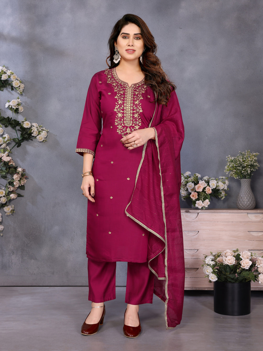 Luxury Maroon Ethnic Wear Kurti Set for Festive & Wedding