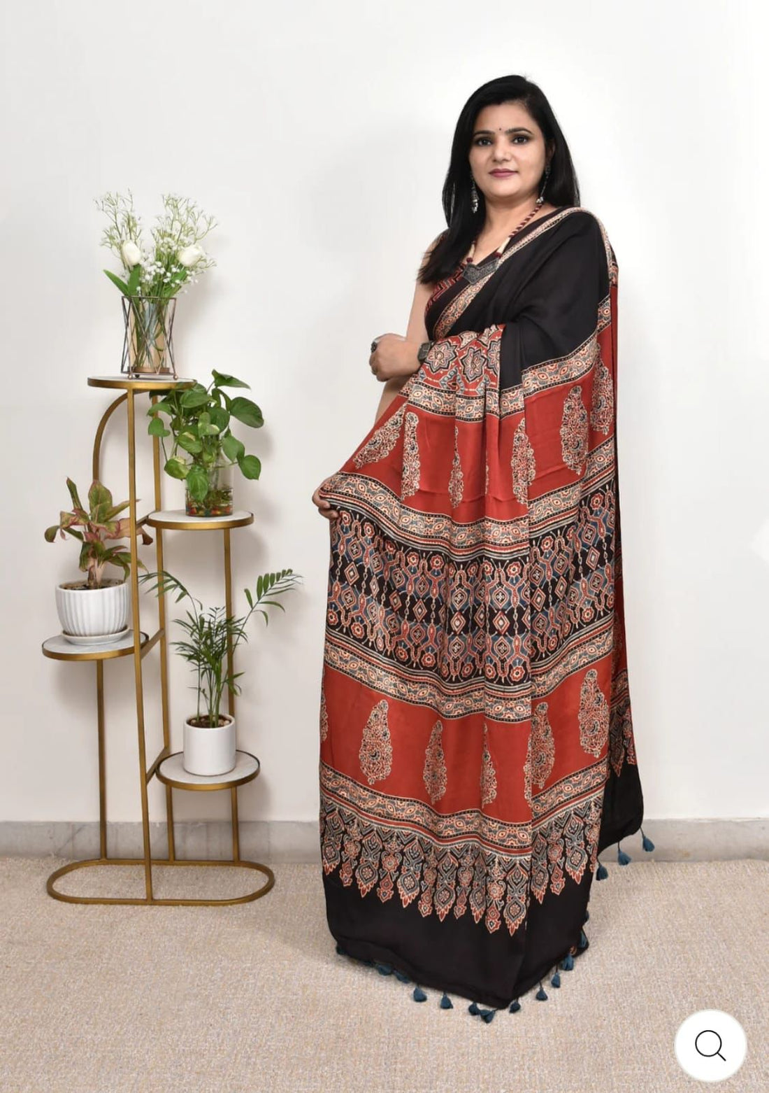Black Ajrakh Digital Printed Soft Silk Saree with Rich Red Pallu