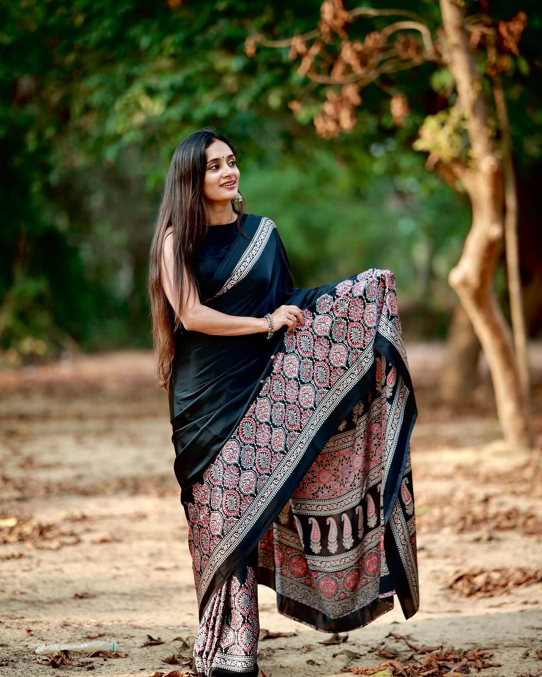Black Ajrakh Digital Print Saree – Elegant Traditional Designer Wear