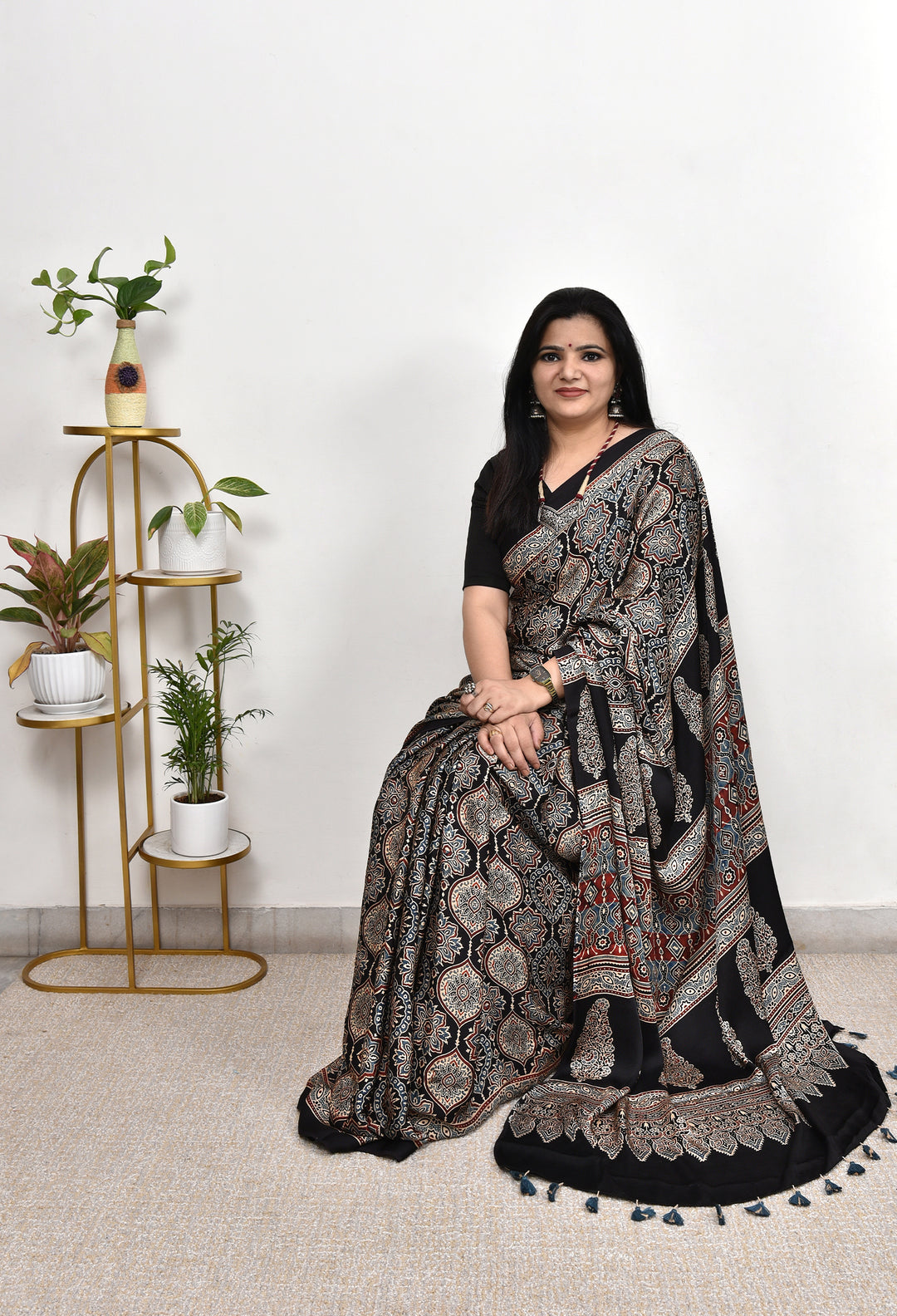 Premium Black Soft Silk Saree with Ajrakh Motifs & Designer Border