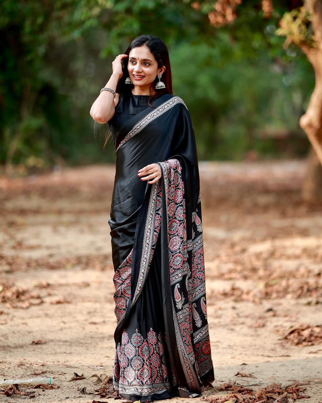 Black Ajrakh Digital Print Saree – Elegant Traditional Designer Wear