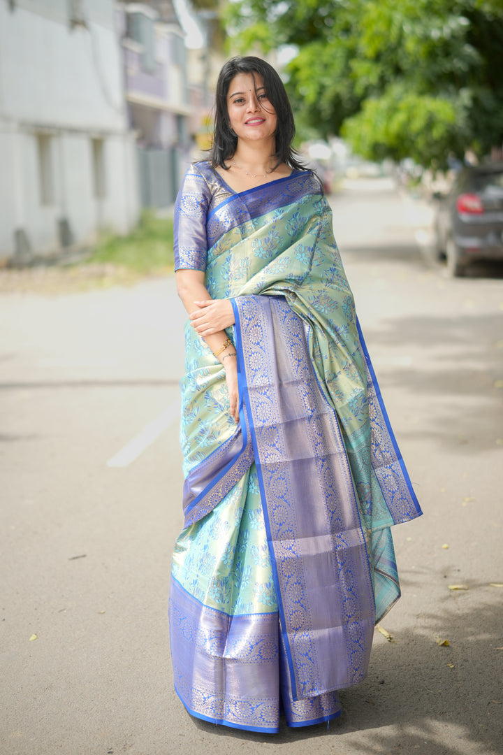 Mint Green & Royal Blue Soft Silk Saree with Zari Weave