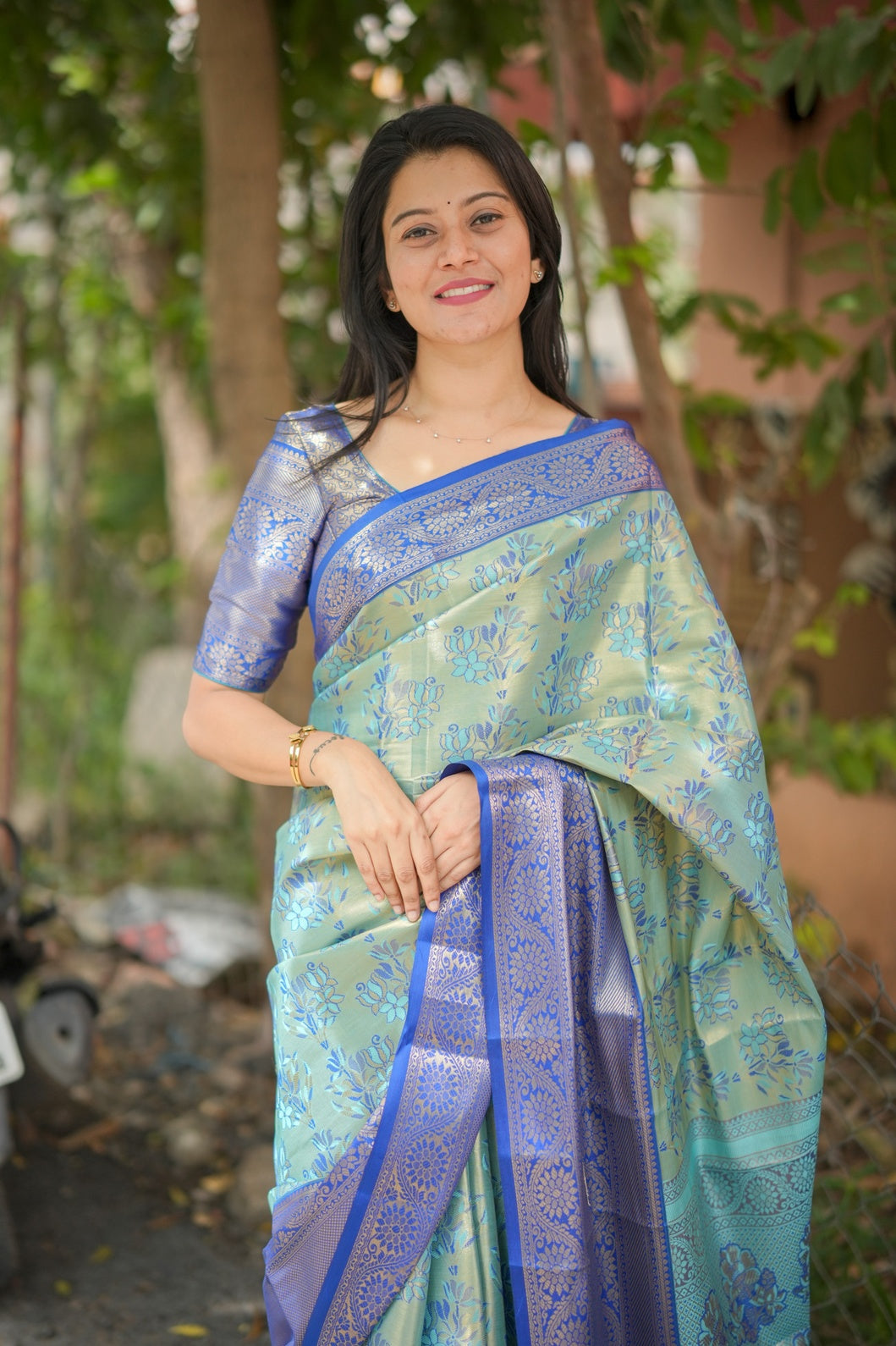 Mint Green & Royal Blue Soft Silk Saree with Zari Weave