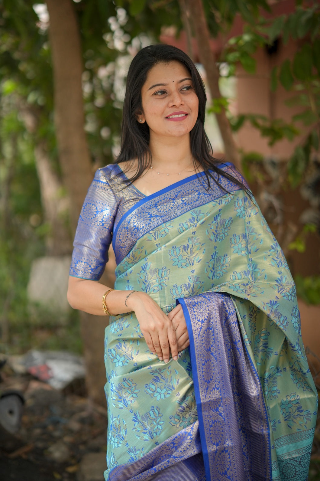 Mint Green & Royal Blue Soft Silk Saree with Zari Weave